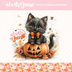Lindo gatito negro de Halloween PNG, clipart de calabaza de otoño, diseño de sublimación de hojas de otoño, ilustraciones de gatos imprimibles, temporada espeluznante, POD, PNG