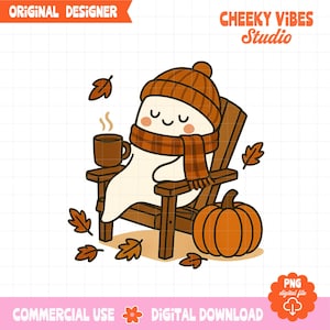 Pode incluir: Um fantasma de desenho animado usando um chap&eacute;u e cachecol marrons, sentado em uma cadeira de madeira com uma x&iacute;cara de caf&eacute;. Uma ab&oacute;bora laranja e folhas caindo tamb&eacute;m est&atilde;o presentes. A imagem tem o texto "Original Designer" e "Cheeky Vibes Studio".