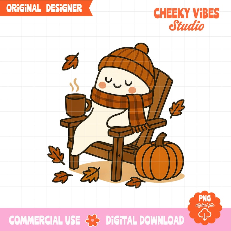 Pode incluir: Um fantasma de desenho animado usando um chap&eacute;u e cachecol marrons, sentado em uma cadeira de madeira com uma x&iacute;cara de caf&eacute;. Uma ab&oacute;bora laranja e folhas caindo tamb&eacute;m est&atilde;o presentes. A imagem tem o texto "Original Designer" e "Cheeky Vibes Studio".