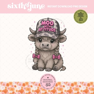 Moo avec attitude vache PNG, clipart vache Highland mignon, sublimation d'animaux de ferme, graphique de chapeau de cow-girl, impertinent Western PNG, téléchargement numérique, POD