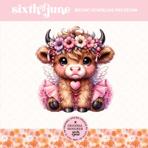 Design en sublimation vache Highland ange, adorable bébé vache tendance mignon Saint-Valentin Clipart, graphiques de ferme de vache de la campagne, amoureux de la vache PNG