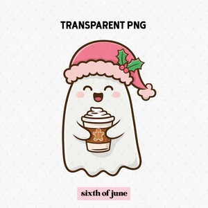 May include: A cartoon ghost wearing a pink Santa hat with holly and holding a cup of coffee with whipped cream and a gingerbread man design. The text "sixth of june" is below the ghost.