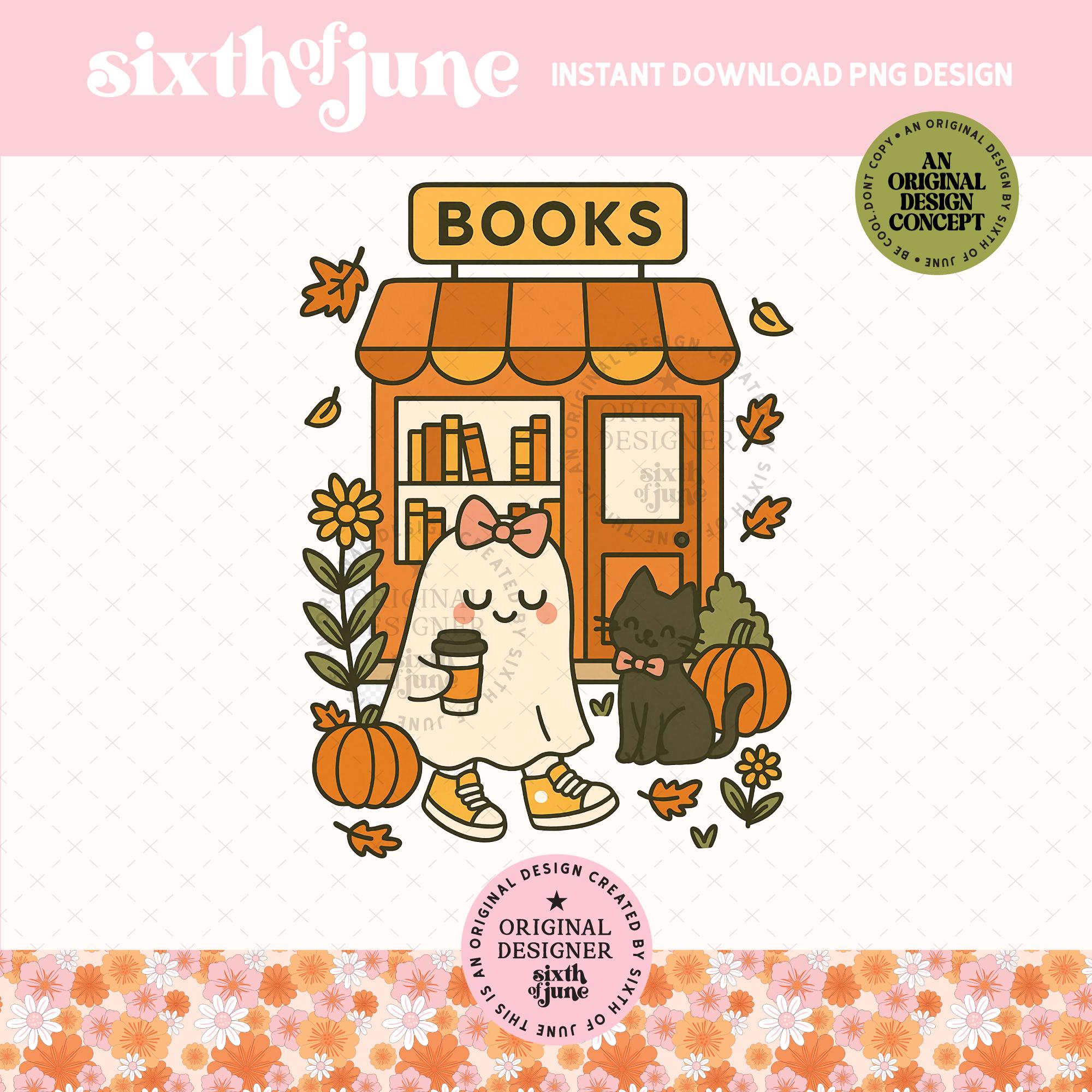 Ghost Bookstore Fall PNG, Spooky Book Lover Design, Halloween Sublimation PNG, Cozy Autumn Bookish Clipart, Digital Download Design, Trendy