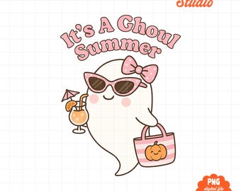 It’s A Ghoul Summer PNG, Summerween Ghost Design, Cute Beach Ghost with Bow, Coquette Halloween PNG, Spooky Cute Sublimation