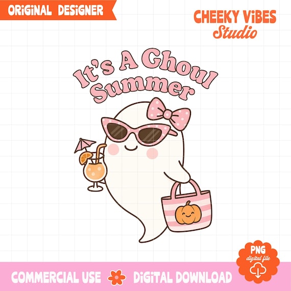 It’s A Ghoul Summer PNG, Summerween Ghost Design, Cute Beach Ghost with Bow, Coquette Halloween PNG, Spooky Cute Sublimation