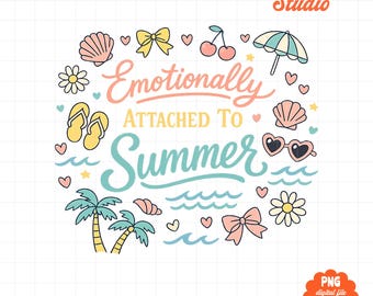 Emotionally Attached To Summer Clipart PNG, Retro Summer Design, Cute Beach Vacation Graphic, Pastel Summer Sublimation
