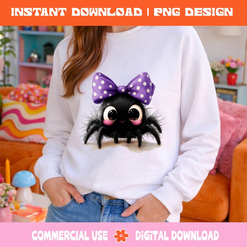 May include: White sweatshirt with a cartoon spider design. The spider is black with a purple polka dot bow. The text at the top says "INSTANT DOWNLOAD | PNG DESIGN" and at the bottom "COMMERCIAL USE DIGITAL DOWNLOAD".