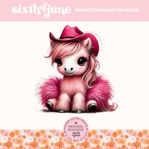 Adorable poni rosa vaquera del oeste, diseño de sublimación PNG, linda chica de granja, animales de granja bebés PNG, regalo para amantes de los caballos