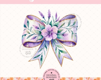 Coquette Lavender Bow png, Purple Floral Bow png, Girly Aesthetic Ribbon png, Cute Coquette Bow Design, Feminine Floral png