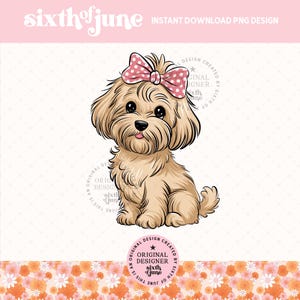 Goldendoodle Welpe PNG, süßes Mädchen Goldendoodle Clipart, rosa Schleifen-Babyparty-Illustration, Kinderzimmer-Tierkunst für die Einladung, Wandkunst, DFT