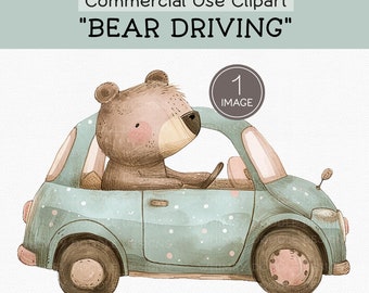 Cute Bear in Car Watercolor Clipart, Children's Illustration, Nursery Decor Printable, Digital Download, Kids Room Artwork, Animal Design