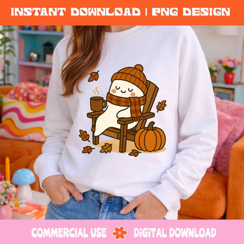 Pode incluir: Camisola branca com um fantasma de desenho animado usando um chap&eacute;u e cachecol marrons, sentado em uma cadeira de madeira, segurando uma caneca e cercado por folhas de outono e uma ab&oacute;bora. O texto na parte superior diz "INSTANT DOWNLOAD | PNG DESIGN".