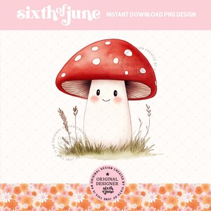 Aquarelle mignon Kawaii champignon PNG, Clipart champignon de dessin animé, Sublimation de champignon cottagecore, téléchargement immédiat, conception de T-shirt pour filles, POD