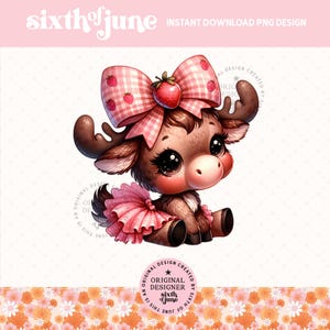 Kokette Erdbeere Schleife Frühling Elch PNG, niedlicher Elch Clipart, rosa Blumen Girly Elch Tutu Png, trendige Waldtiere Sublimationsdesign