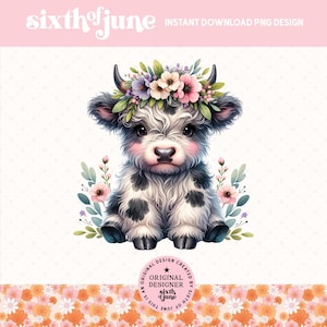 Joli design en Sublimation vache Highland, adorable bébé tendance vache couronne de fleurs des cliparts des cliparts, pays fille vache ferme Png graphiques, vache amant PNG