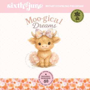 Moo-gical Dreams vache Highland PNG, clipart vache bébé mignon, téléchargement numérique animaux de la ferme pastel, impression d'Art mural chambre de bébé cow-girl, Png tendance