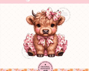 Coquette Highland Cow png, Cute Girly Cow png, Bow Cow Aesthetic png, Baby Cow Clipart png, Cute Cow Lover Design