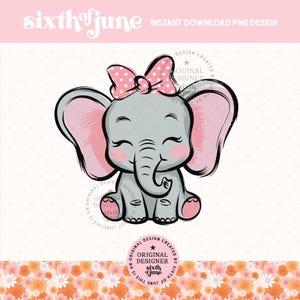 Baby Elephant PNG, Cute Girl Elephant Clipart, Pink Bow Baby Shower Illustration, Nursery Safari Animal Art For Invitation, T-shirt, Tote
