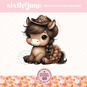 Adorable poney western cow-girl Png Sublimation Design, mignon pays ferme fille graphiques Clipart, bébé animaux de la ferme Png, cadeau pour amoureux des chevaux, DTF