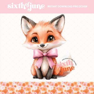 Renard mignon avec sublimation noeud rose, téléchargement numérique PNG, impression d'art animalier, clipart renard aquarelle, décoration animal de la forêt, tasse, POD
