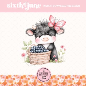 Mignonne vache Highland printanière Png, Design en sublimation de décoration printanière de ferme, vache d'été Png, vache Highland aux bleuets, graphiques de chemise fille, amateur de vache