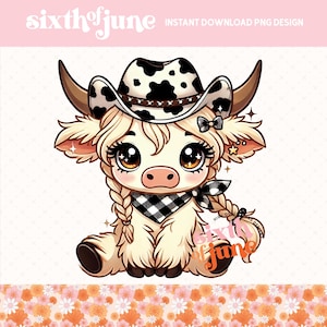 Cute Highland Cow Sublimation Design, Cow PNG for T-Shirts Mugs and Tumblers, Cowgirl Highland Cow Digital Download, POD, Tote Bag, Sticker
