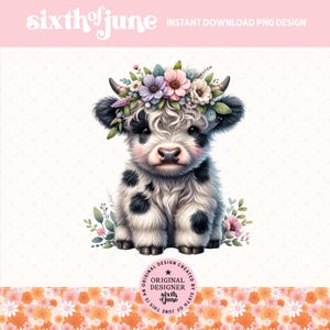 Joli design en Sublimation vache Highland, adorable bébé tendance vache couronne de fleurs des cliparts des cliparts, pays fille vache ferme Png graphiques, vache amant PNG