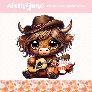 Schattige hooglandkoe met gitaar PNG, koesublimatieontwerp, schattige kalfskunstdownload, digitale boerderijdierenillustratie, trending png, POD