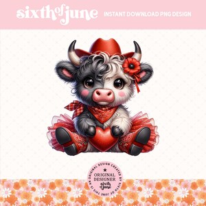 Diseño de sublimación PNG de una linda vaca de las Highlands para San Valentín, vaca de San Valentín de chica campestre, linda vaca de San Valentín del oeste, clipart de ternero de las Highlands