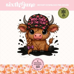 Bloemen moeder van het jaar png, trendy hooglandkoe moeder clipart, schattige koe digitale download, boerderijmoeder sublimatieontwerp, Moederdag png