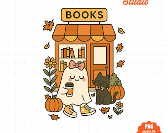 Cozy Ghost Bookstore png, Spooky Book Lover png, Cute Bookish Aesthetic png, Fall Reading Design png, Whimsical Bookshop png