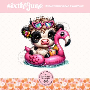 Summer Vibes Beach Highland Cow Sublimation PNG Design, Cute Highland Cow Clipart, Summer Girl Png, Flamingo Floaty Png Design, Summer Png