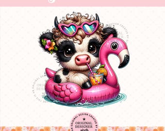 Cute Summer Highland Cow png, Flamingo Float Cow png, Funny Summer Cow Design png, Beach Vacation Cow png, Trendy Cute Animal png