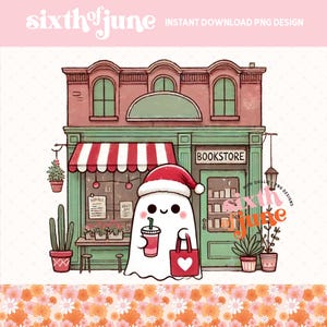 Fantôme de Noël mignon dans une librairie PNG, fantôme buvant du café glacé, fantôme de bonnet de noel avec sac fourre-tout, sublimation de vacances, livre livresque, POD