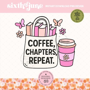 Capítulos de café repetidos PNG, arte digital para amantes de los libros, clipart de lectura acogedor y moderno, diseño PNG de café y libros, imprimible literario lindo, DTF