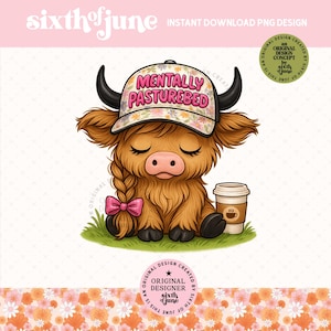 Santé mentale vache PNG, conception de vache Highland mentalement, rigolote Floral chapeau PNG, Clipart vache à café mignon tendance, fille de la ferme Art numérique