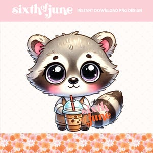 Mignon raton laveur café glacé PNG, sublimation, adorable clipart de raton laveur barman, parfait pour les tasses, t-shirts, sacs fourre-tout, créations DIY, png, POD