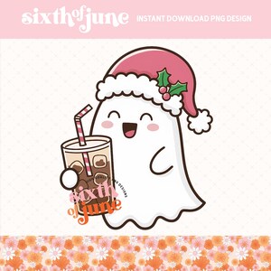 Fantasma fofo de Natal com café gelado, design de sublimação para festas, gráfico divertido de fantasma, arte fantasma festiva para artesanato, png em alta, pod, dtf