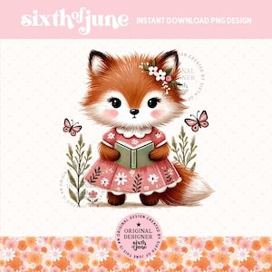 Cute Fox Reading Book Sublimation Png, Animal Reading Clipart, Book Lovers Png, Teacher Png, Nursery Decor, Scrapbooking, Invitation, DTF