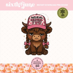 Ne prend pas de taureau PNG Design, Clipart vache Highland drôle, téléchargement numérique impertinent, art de vache rose chapeau de camionneur, animal de la ferme mignon PNG