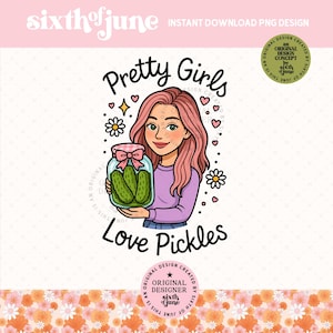 Belle ragazze amano i sottaceti in formato PNG, design estivo retrò in stile cottagecore, ragazza dei cartoni animati pastello alla moda, divertente arte a sublimazione dei sottaceti, clipart di capelli rosa