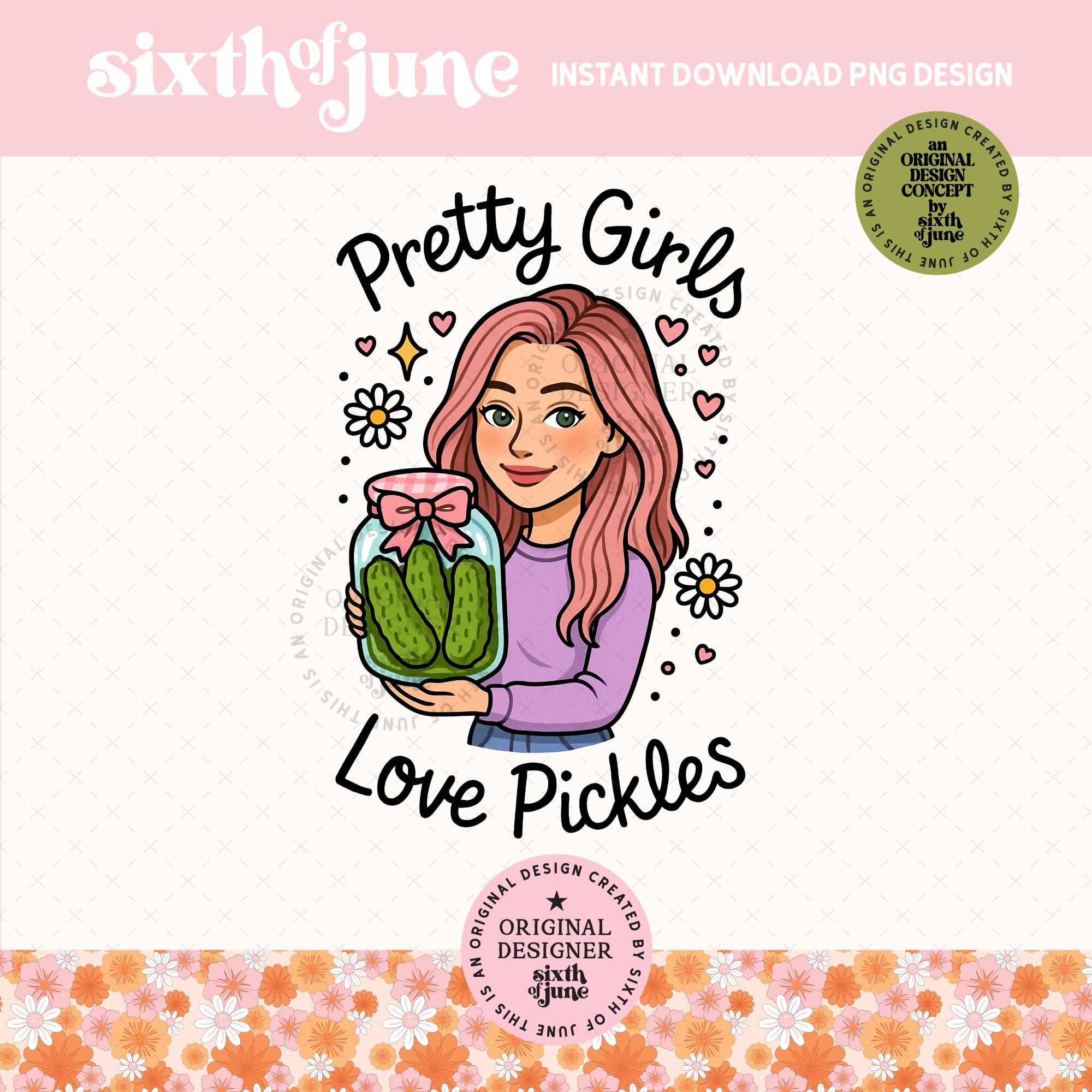Hübsche Mädchen lieben Gurken PNG, Retro Cottagecore Sommer Design, trendiges Pastell Cartoon Mädchen, lustige Gurke Sublimationskunst, rosa Haar Clipart