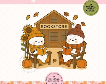 Cute Fall Ghost Bookstore PNG, Halloween Ghost Friends Design, Autumn Bookish Sublimation, Cozy Fall Book Lover PNG, Digital Download