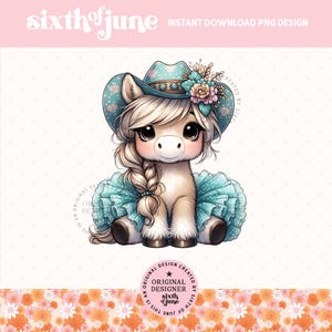 Adorable poney western cow-girl Png Sublimation Design, mignon pays ferme fille graphiques Clipart, bébé animaux de la ferme Png, cadeau pour amoureux des chevaux, DTF