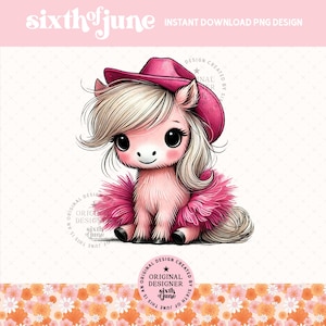 Adorable cow-girl rose poney rose Png Sublimation Design, mignon pays ferme fille graphiques Clipart, bébé animaux de la ferme Png, cadeau pour amoureux des chevaux