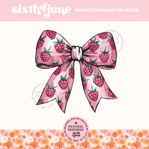 Puede incluir: Un lazo rosa con un patrón de frambuesas. El lazo está atado en un nudo y los extremos fluyen. El fondo es un patrón floral blanco y rosa.