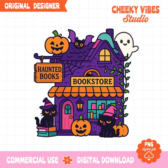 Haunted Bookstore PNG, Spooky Book Lover Design, Witchy Bookshop Clipart, Halloween Reading PNG, Cute Ghost Cat Sublimation