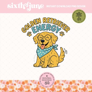 Golden Retriever Energy PNG, Trendy Cute Dog Clipart, Glasses Puppy Graphic, Retro Dog Art, Digital Download, Sublimation Design, POD, DTF