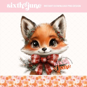 Renard avec noeud écossais en sublimation PNG, mignon clipart animal Noël des bois, téléchargement numérique de vacances Art, Mug, Invitation, POD, fourre-tout