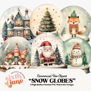Jolie boule à neige Noël clipart, aquarelle bonhomme de neige, elfe, renard, père Noël, clipart, clipart hiver, clipart Noël, clipart usage Commercial